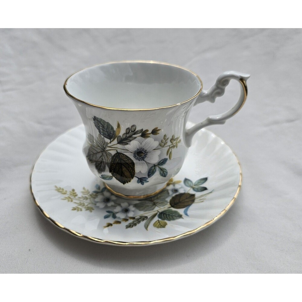 Royal Dover Bone China Floral Leaves Wheat Gold Trim Teacup Saucer Set